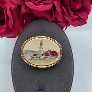 MFA Oval Brooch Lighthouse Scene Enamel Gold Tone Vintage Jewelry Statement Pin